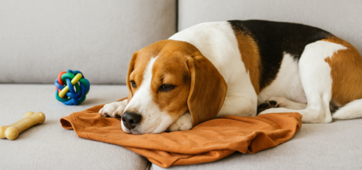 Beagle leży spokojnie na kanapie, wtulony w koszulkę opiekuna, obok zabawki – idealny obraz, jak może wyglądać spokojny pies sam w domu.