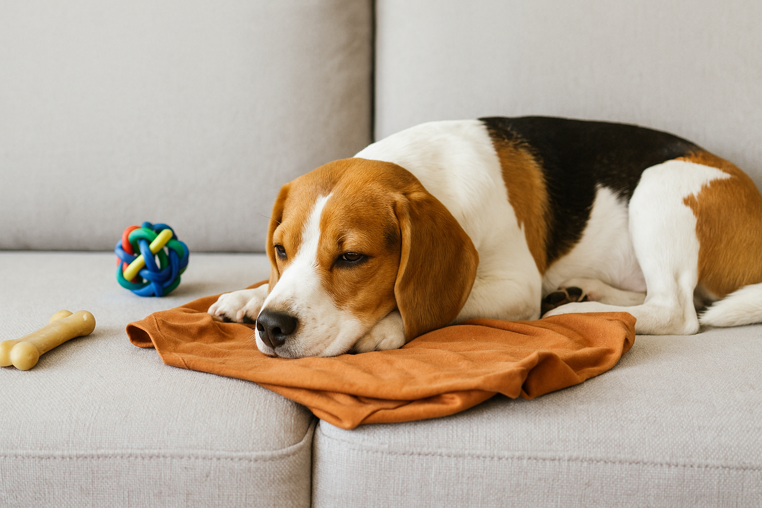 Beagle leży spokojnie na kanapie, wtulony w koszulkę opiekuna, obok zabawki – idealny obraz, jak może wyglądać spokojny pies sam w domu.
