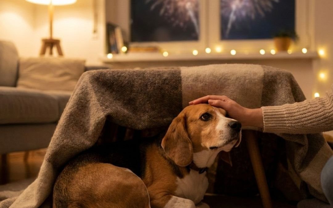 Lękliwy pies chowający się pod kocem, ilustracja biologicznej reakcji strachu u psa na głośne dźwięki i fajerwerki.