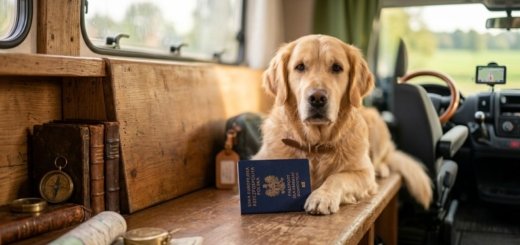 Pies golden retriever z paszportem leży w kamperze