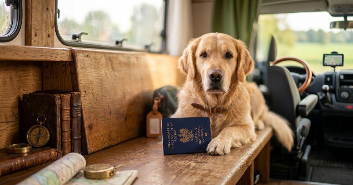 Pies golden retriever z paszportem leży w kamperze